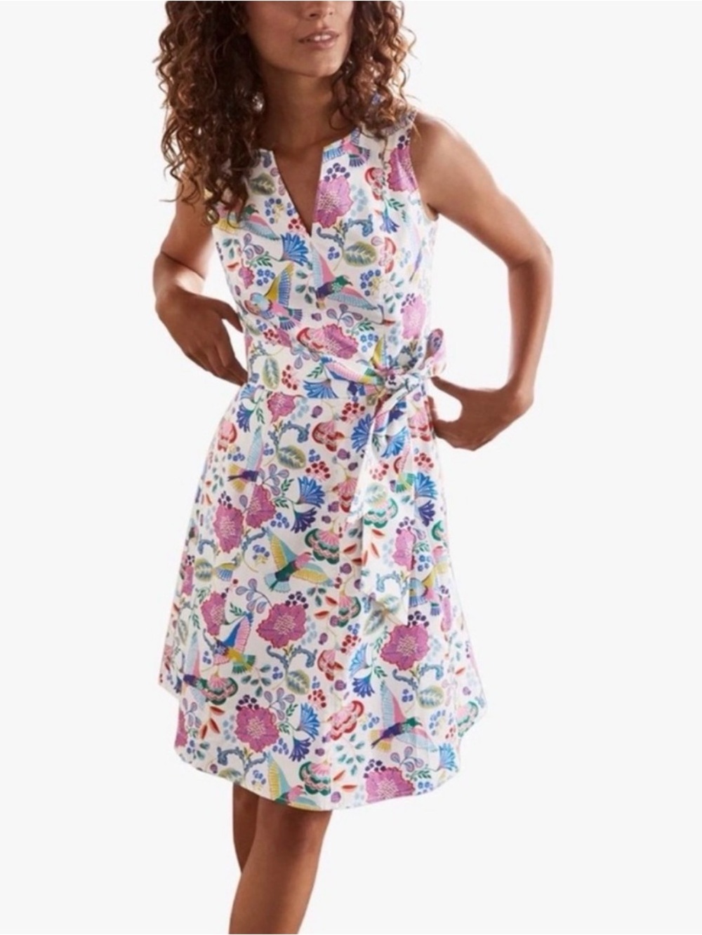 Boden White Floral Bird Midi Dress 10R Fit & Flare Sleeveless Cottage Preppy